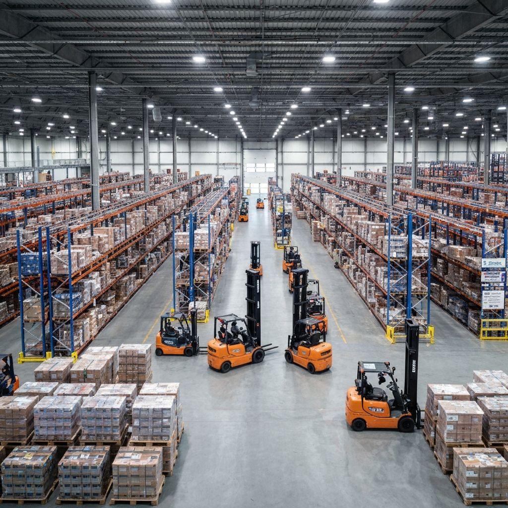 Vista aérea de un almacén moderno de distribución con sistema de gestiónautomatizada, mostrando pasillos organizados con estanterías altas, montacargas en operación y tecnología de seguimiento de inventario en tiempo real, ambiente profesional con iluminación industrial