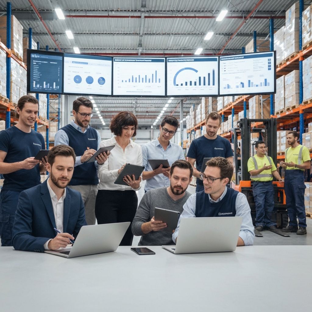 Equipo de consultores de Danrex Farsight trabajando en un almacén de distribución, analizando datos en tablets y laptops, interactuando con el personal operativo, mostrando gráficos de mejora de rendimiento en pantallas digitales, ambiente colaborativo y profesional