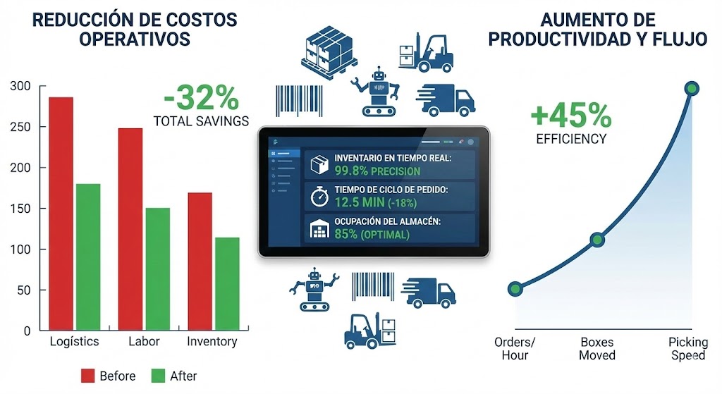 Infografía mostrando métricas de mejora en un almacén: gráficos de barras con reducción de costos, gráficos de línea con aumento de productividad, dashboard digital con KPIs en tiempo real, iconos de inventario y logística, estilo profesional y datos visuales claros